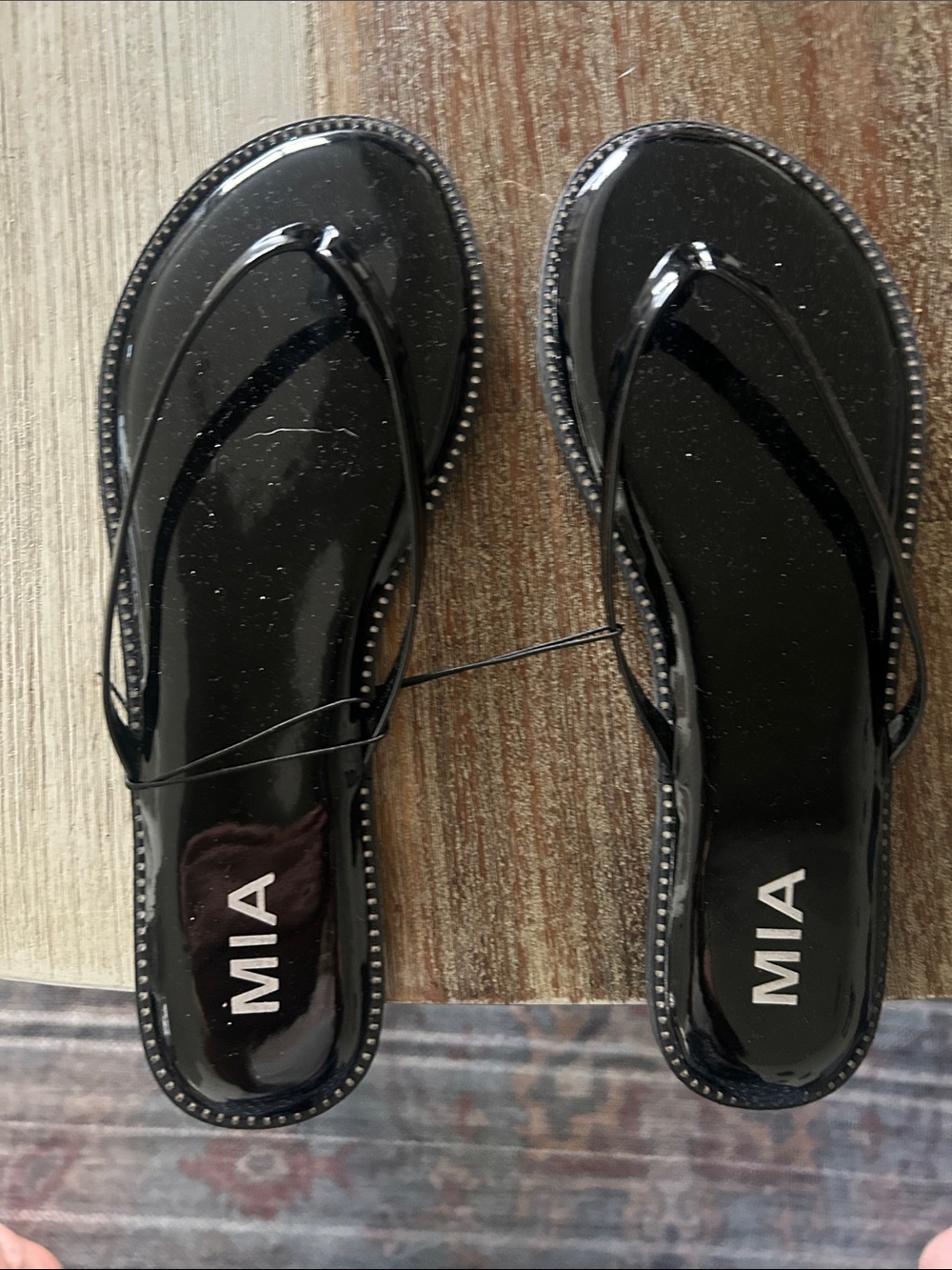 MIA Black Patent Thong Sandals with Stud Trim